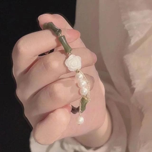 手鍊玫瑰與你新中式橄榄綠竹節手鏈女珍珠流蘇氣質高顏值手飾手鏈時尚百搭手鏈手環手鐲可調整大小精緻甜美手鍊情侶手繩送禮禮物