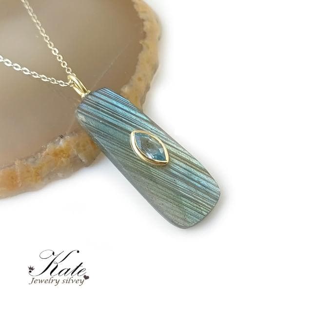 【KATE】銀飾 極簡天然拉長石拓帕石純銀項鍊 超美藍綠光 手工款 閃石系 激發靈感 藝術家之石 生日禮物 情人禮物