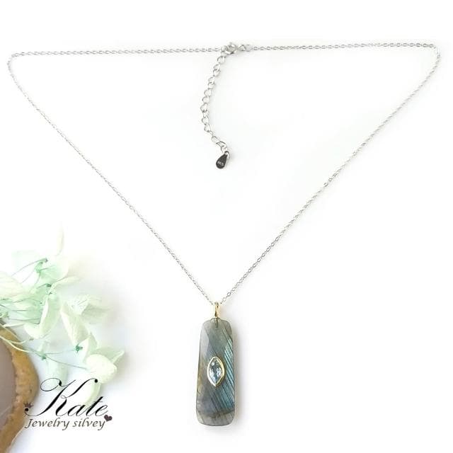 【KATE】銀飾 極簡天然拉長石拓帕石純銀項鍊 超美藍綠光 手工款 閃石系 激發靈感 藝術家之石 生日禮物 情人禮物