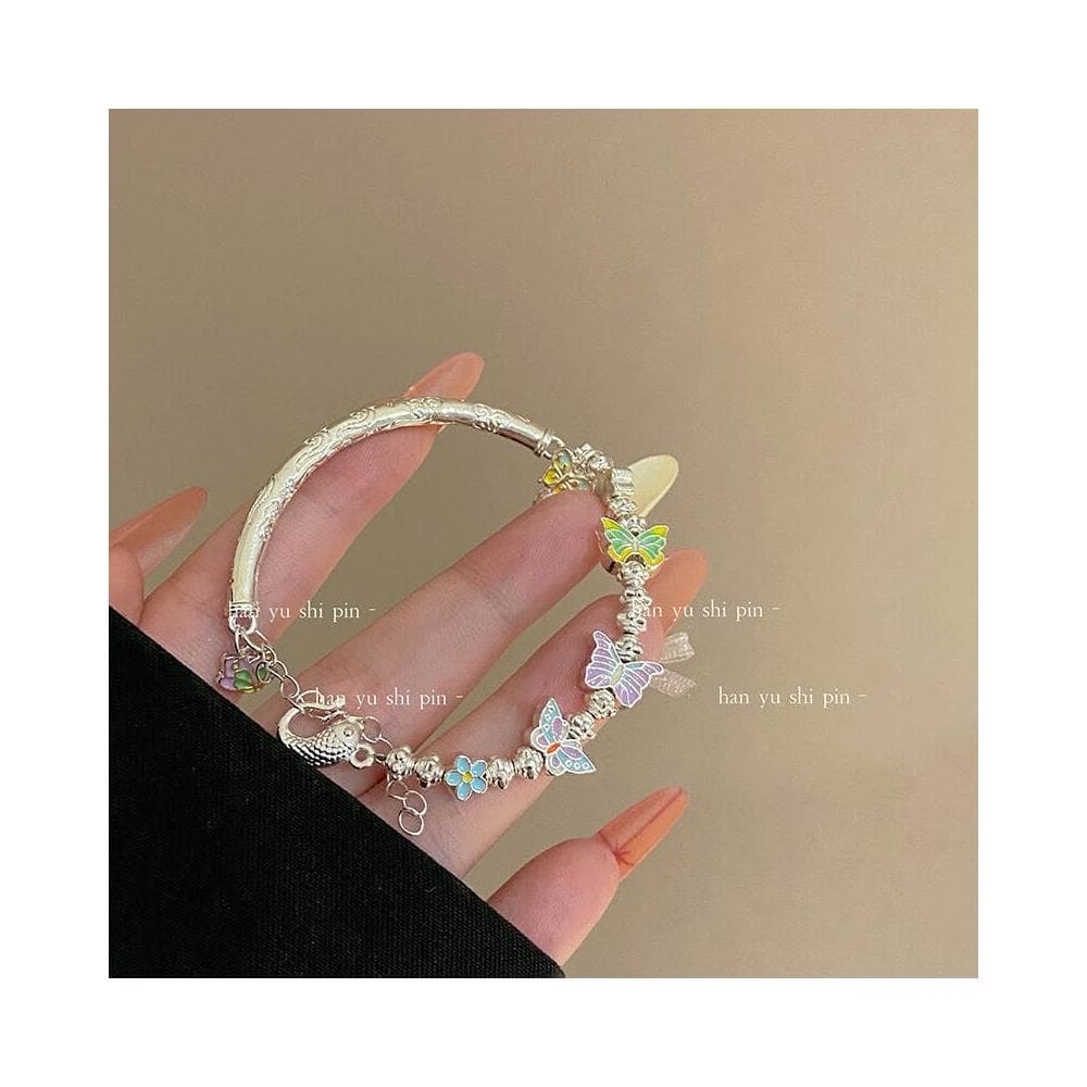 手鍊新中式琺瑯滴油蝴蝶手镯夏季新款甜美彩色花朵半镯手鏈女手鏈時尚百搭手鏈手環手鐲可調整大小精緻甜美手鍊情侶手繩送禮禮物