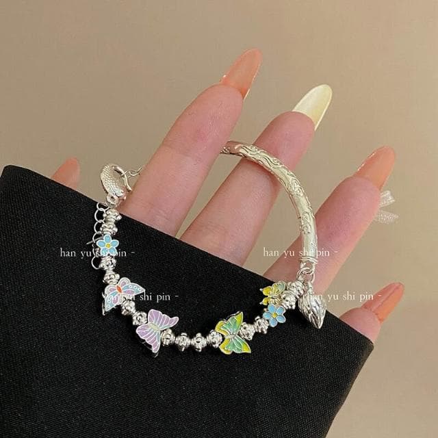 手鍊新中式琺瑯滴油蝴蝶手镯夏季新款甜美彩色花朵半镯手鏈女手鏈時尚百搭手鏈手環手鐲可調整大小精緻甜美手鍊情侶手繩送禮禮物