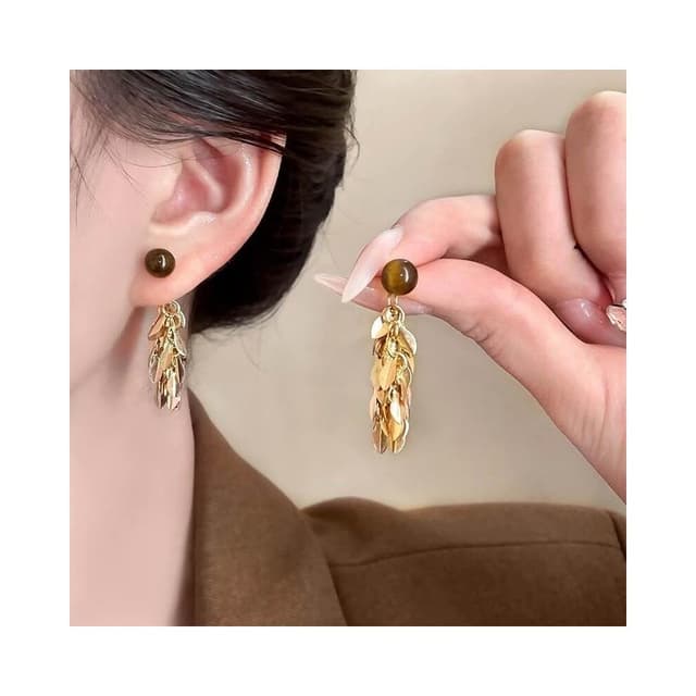 耳環金色羽翼~美拉德風虎眼石流蘇耳環女氣質百搭耳釘輕奢高級感耳飾耳環耳釘耳飾女生耳環法式耳環流行百搭耳釘生日禮物貼耳耳環