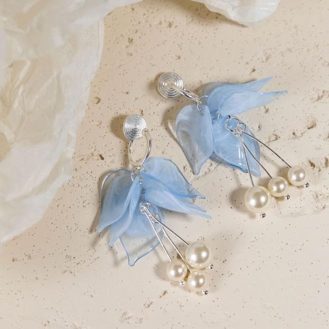 耳環少女的裙擺手作夏季淡藍色花朵流蘇耳環法式溫柔度假風耳夾女耳環耳釘耳飾女生耳環法式耳環流行百搭耳釘生日禮物貼耳耳環