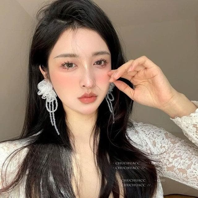 耳環白色歐根紗花朵水晶流蘇耳環新款潮長款小眾氣質百搭耳飾女耳環耳釘耳飾女生耳環法式耳環流行百搭耳釘生日禮物貼耳耳環