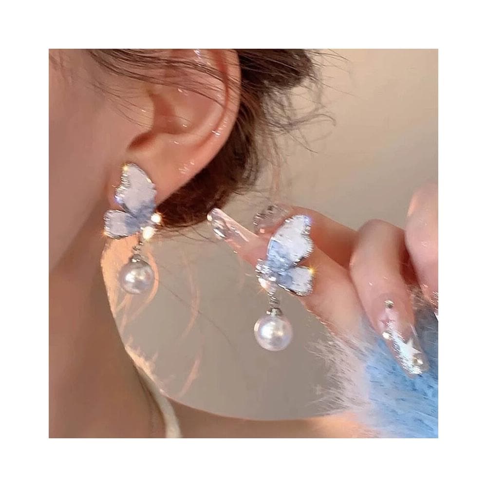 耳環翩翩起舞~藍色水晶蝴蝶珍珠耳環小眾設計感高級感耳釘耳飾女 耳環耳釘耳飾女生耳環法式耳環流行百搭耳釘生日禮物貼耳耳環