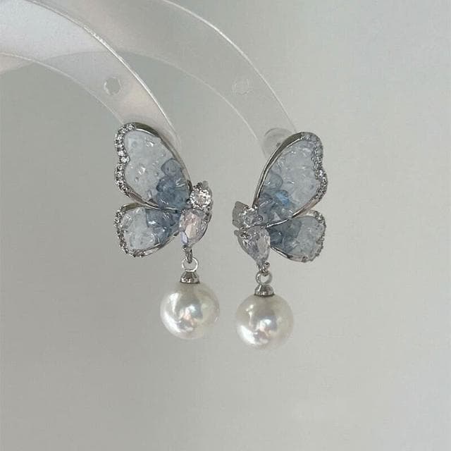 耳環翩翩起舞~藍色水晶蝴蝶珍珠耳環小眾設計感高級感耳釘耳飾女 耳環耳釘耳飾女生耳環法式耳環流行百搭耳釘生日禮物貼耳耳環