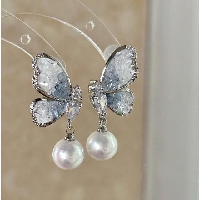 耳環翩翩起舞~藍色水晶蝴蝶珍珠耳環小眾設計感高級感耳釘耳飾女 耳環耳釘耳飾女生耳環法式耳環流行百搭耳釘生日禮物貼耳耳環