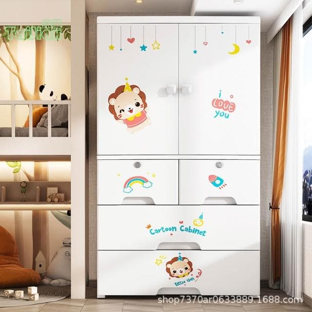 💥56寬度卡通簡易衣櫃 塑料開門掛衣收納櫃 組裝寶寶儲物櫃 嬰兒童衣櫃 抽屜櫃 置物櫃 衣櫥收納櫃 組合式衣櫃 吊衣櫃