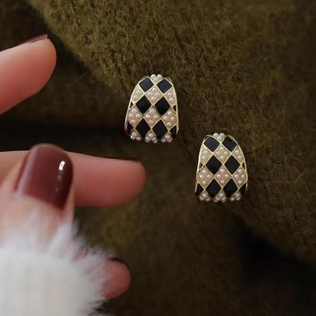 🎗飾間首飾鋪 復古棋盤珍珠耳環女爆款耳環耳夾無耳洞高級感耳飾