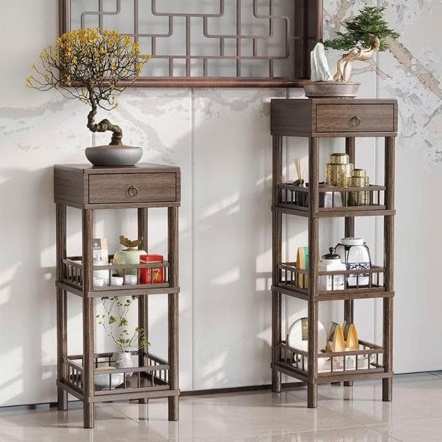 新中式花架 禪意置物架 落地花臺架 室內擺放花架 客廳花幾 盆栽展示台 帶抽花架桌 楠竹仿古植物台