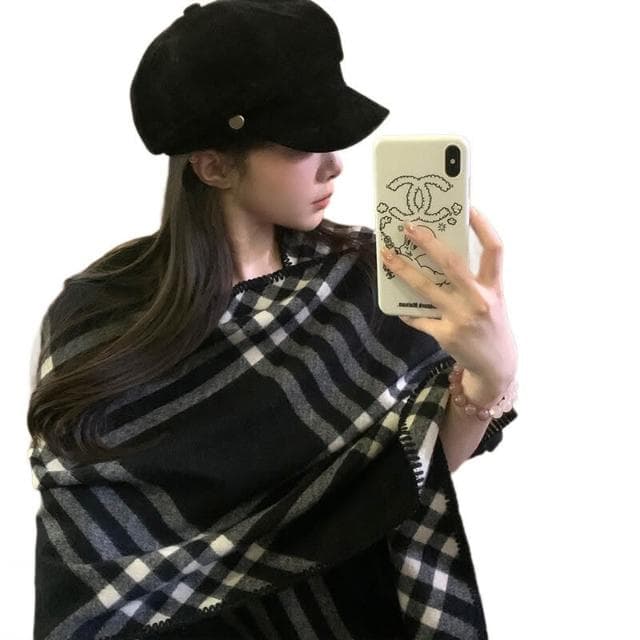圍巾女鎖邊格子圍巾女冬季高級感加厚保暖時髦鬥篷優雅貴氣圍脖保暖披肩圍巾質感圍巾冷氣披肩空調百搭保暖圍脖防風圍脖韓版圍巾