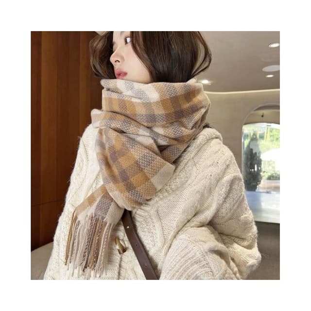 圍巾女中長款加厚圍巾韓國甜美保暖仿羊絨圍巾格子披肩圍脖女高級感保暖披肩質感圍巾冷氣披肩空調百搭保暖圍脖防風圍脖韓版圍巾