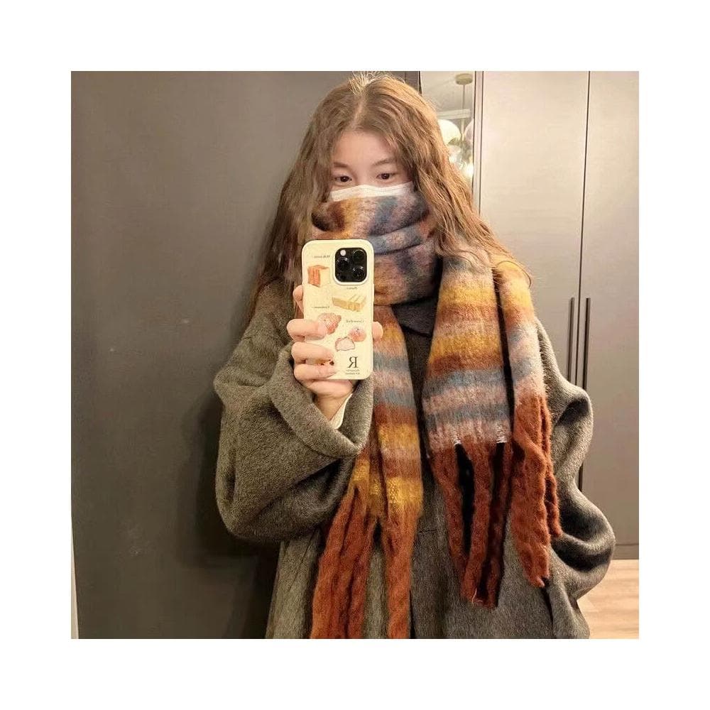 圍巾女馬海毛圍巾秋冬季新款彩虹格子高級感加厚保暖圍脖學生披肩保暖披肩圍巾質感圍巾冷氣披肩空調百搭保暖圍脖防風圍脖韓版圍巾