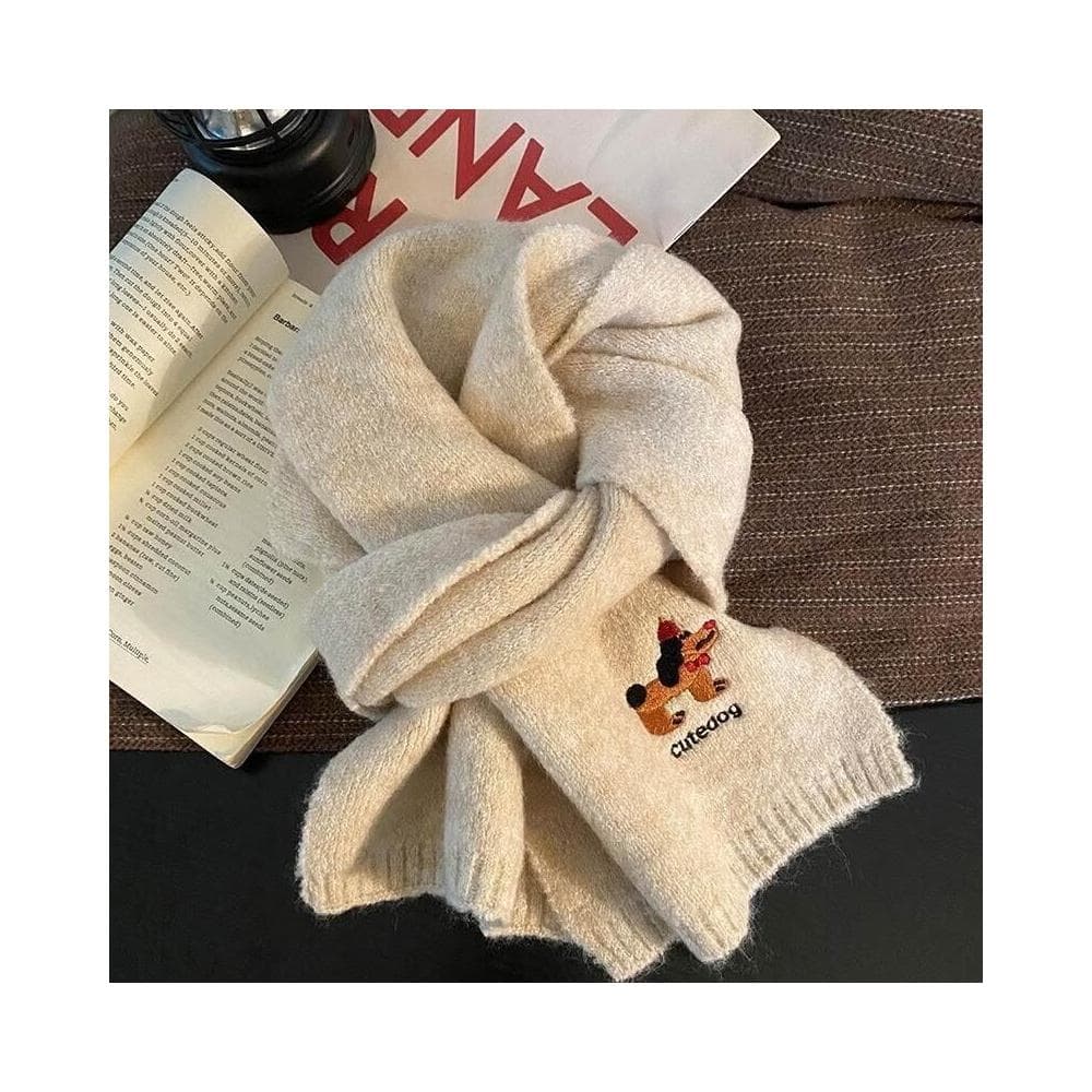 圍巾女韓系可愛小狗刺繡圍巾女冬季時尚毛混紡披肩加厚保暖防寒針織圍脖保暖披肩圍巾質感圍巾冷氣披肩保暖圍脖防風圍脖韓版圍巾