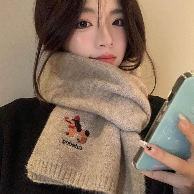 圍巾女韓系可愛小狗刺繡圍巾女冬季時尚毛混紡披肩加厚保暖防寒針織圍脖保暖披肩圍巾質感圍巾冷氣披肩保暖圍脖防風圍脖韓版圍巾