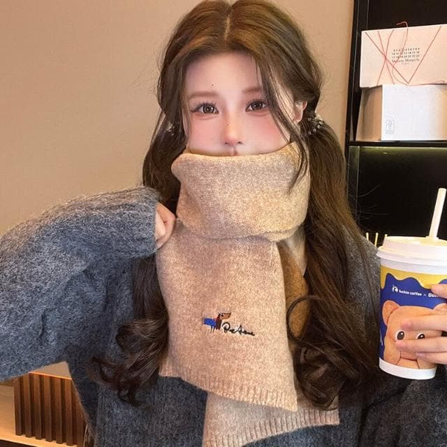 圍巾女刺繡小狗針織圍巾女秋冬季學生騎車保暖百搭仿羊絨情侶圍脖保暖披肩圍巾質感圍巾冷氣披肩空調百搭保暖圍脖防風圍脖韓版圍巾