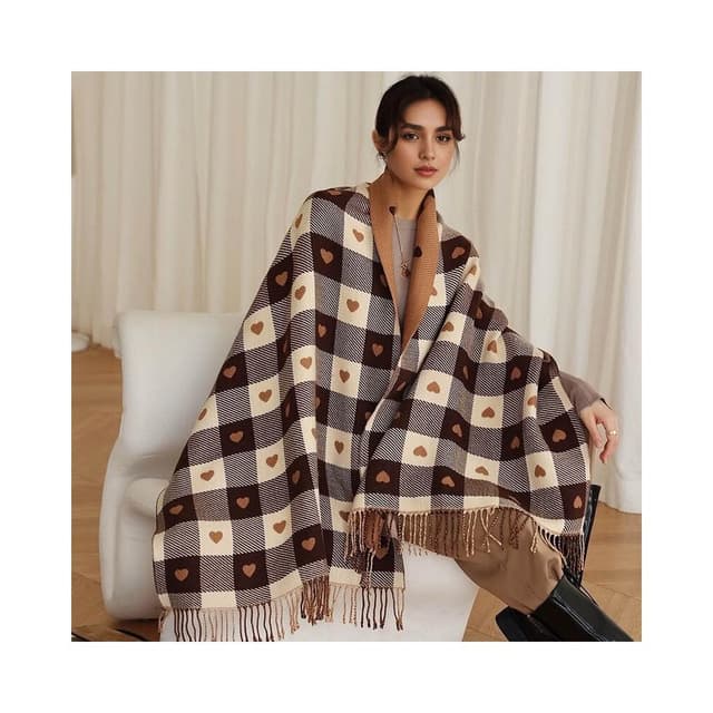 圍巾女保暖圍巾女款秋冬款雙面愛心格子流蘇披肩保暖百搭圍脖仿羊絨圍巾披肩圍巾質感圍巾冷氣披肩百搭保暖圍脖防風圍脖韓版圍巾