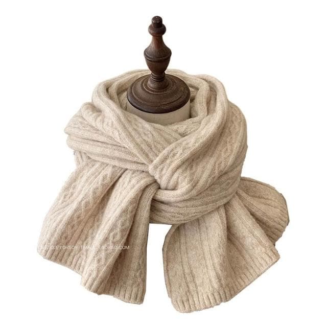 圍巾軟糯米白色純色圍巾女冬季麻花保暖加厚針織毛線學院風圍脖男男女同款保暖圍巾百搭圍脖質感保暖圍巾素面圍巾韓版圍脖披肩長款