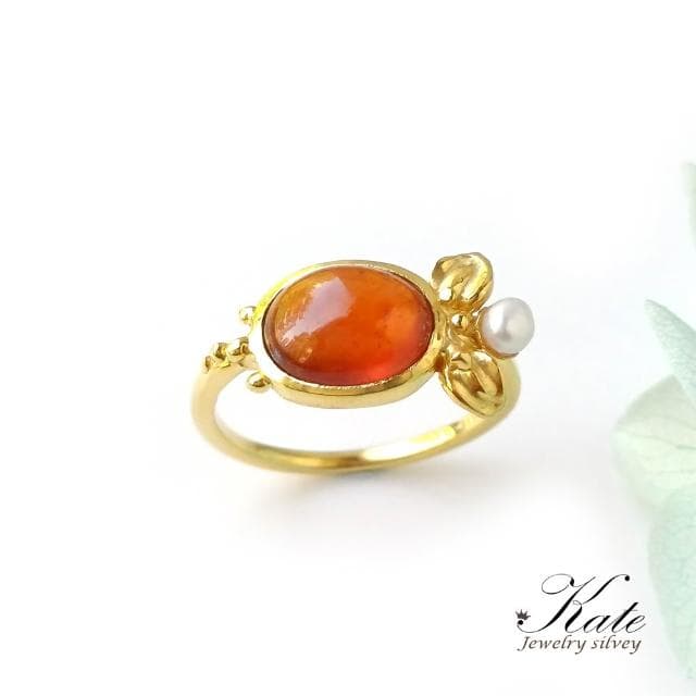 【KATE】銀飾 手工珠寶天然錳鋁石榴石珍珠純銀戒指 銀飾 芬達石 一月生日石 橙橘色 珠寶等級 #12 寶石戒指