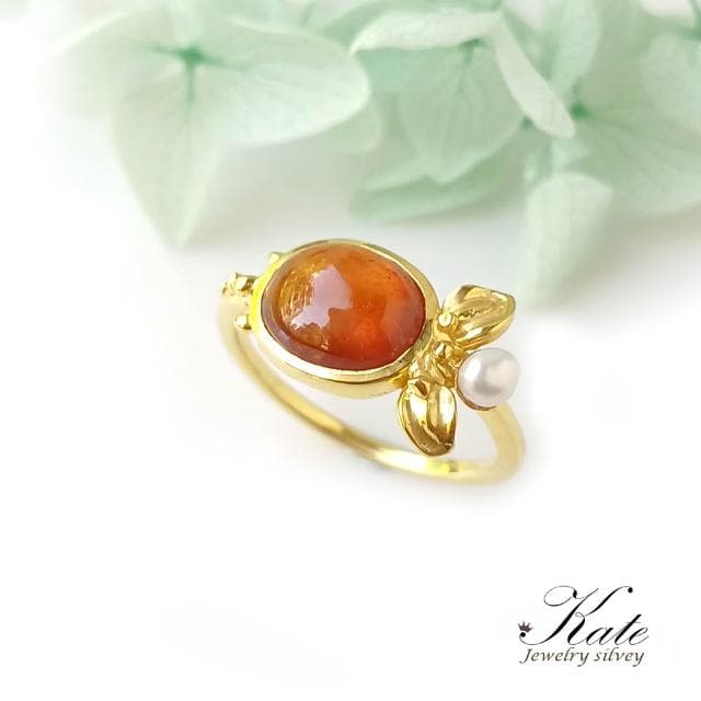 【KATE】銀飾 手工珠寶天然錳鋁石榴石珍珠純銀戒指 銀飾 芬達石 一月生日石 橙橘色 珠寶等級 #12 寶石戒指