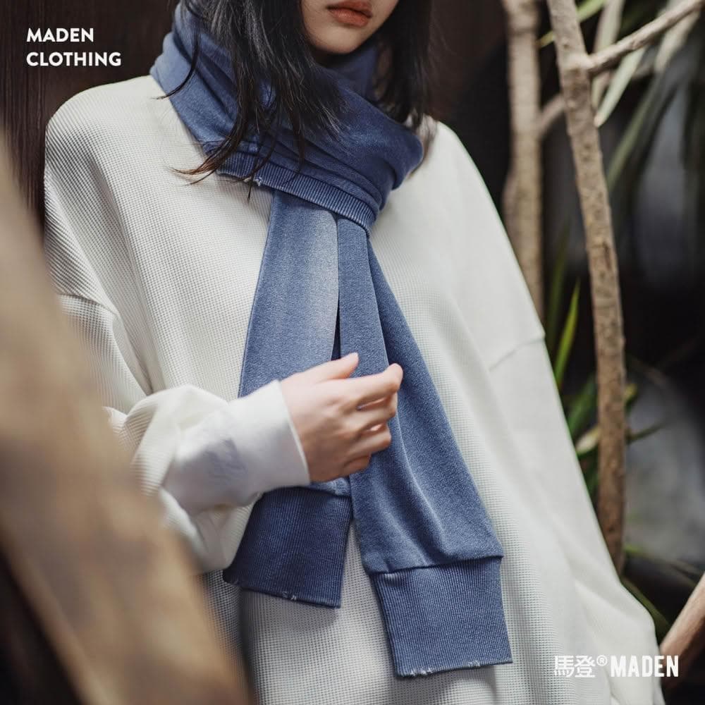 【馬登工裝】復古藍色針織長款披肩圍巾兩用保暖護頸圍脖外搭護肩女士秋冬