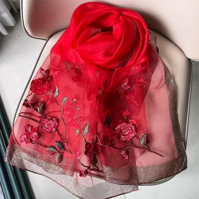 比比優精選 桑蠶絲羊毛圍巾 手工刺繡 披肩 真絲 紅色花朵珍珠絲巾