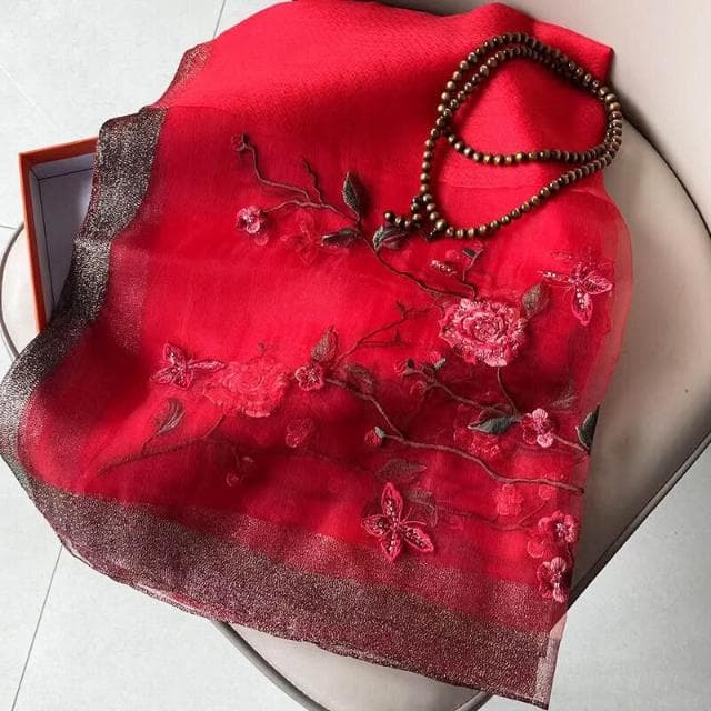 比比優精選 桑蠶絲羊毛圍巾 手工刺繡 披肩 真絲 紅色花朵珍珠絲巾