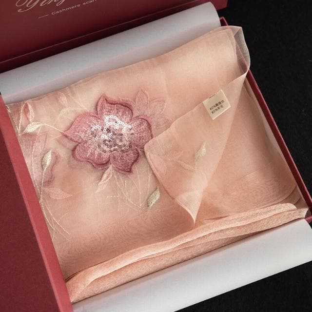 比比優精選 真絲 羊毛 重工繡花 圍巾 刺繡 氣質紗巾薄款時尚女春
