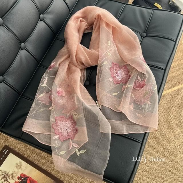 比比優精選 真絲 羊毛 重工繡花 圍巾 刺繡 氣質紗巾薄款時尚女春