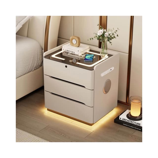 簡約皮質實木智能床頭櫃臥室多功能帶燈指紋鎖無線充家用藍牙音響