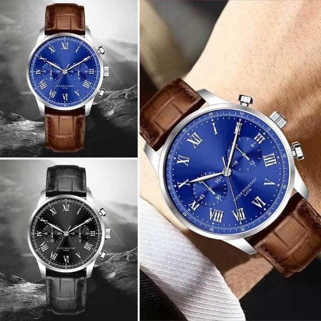 【LEESA】牛皮腕錶\生日禮物\手錶\配飾\飾品\指針手錶\腕錶\石英錶\圓形手錶\防水手錶\男生手錶\