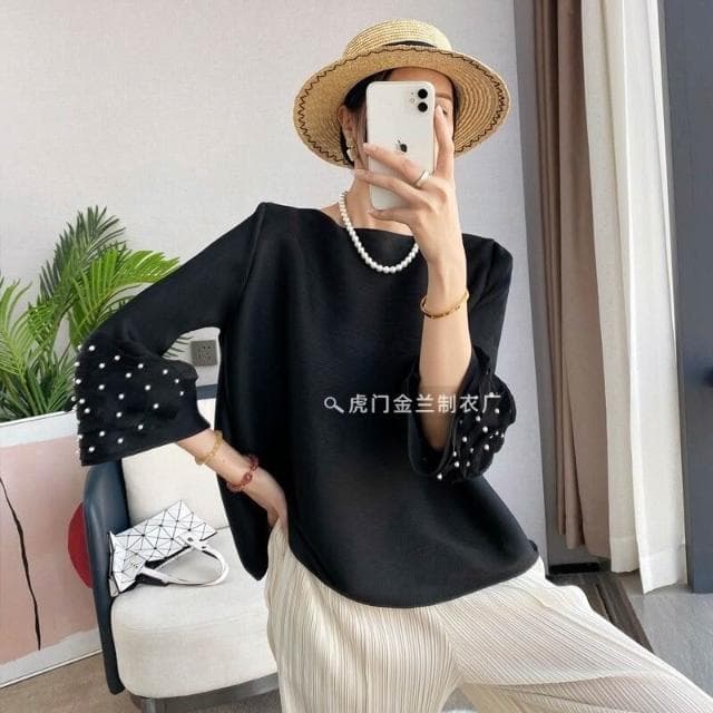 鑫奧精品  免運 三宅千影褶皺T恤釘珠喇叭袖純色通勤寬松上衣中年媽媽母親節禮物