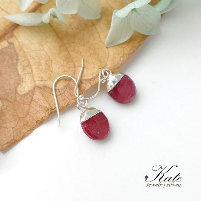 【KATE】銀飾 手工款天然紅寶石Ruby純銀耳環 紅寶石原礦 七月生日石 紅寶石耳環 紅色開運 紅剛玉 可改夾 生日禮物 情人禮物