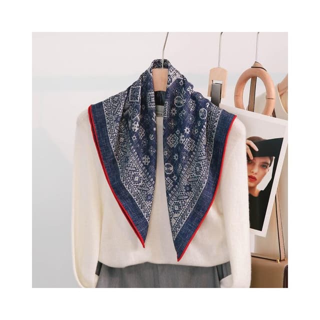 比比優 藏青色真絲絲巾女5新秋季冬羊毛小方巾羊絨圍巾藍色薄系脖