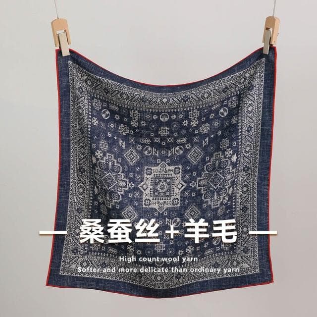 比比優 藏青色真絲絲巾女5新秋季冬羊毛小方巾羊絨圍巾藍色薄系脖