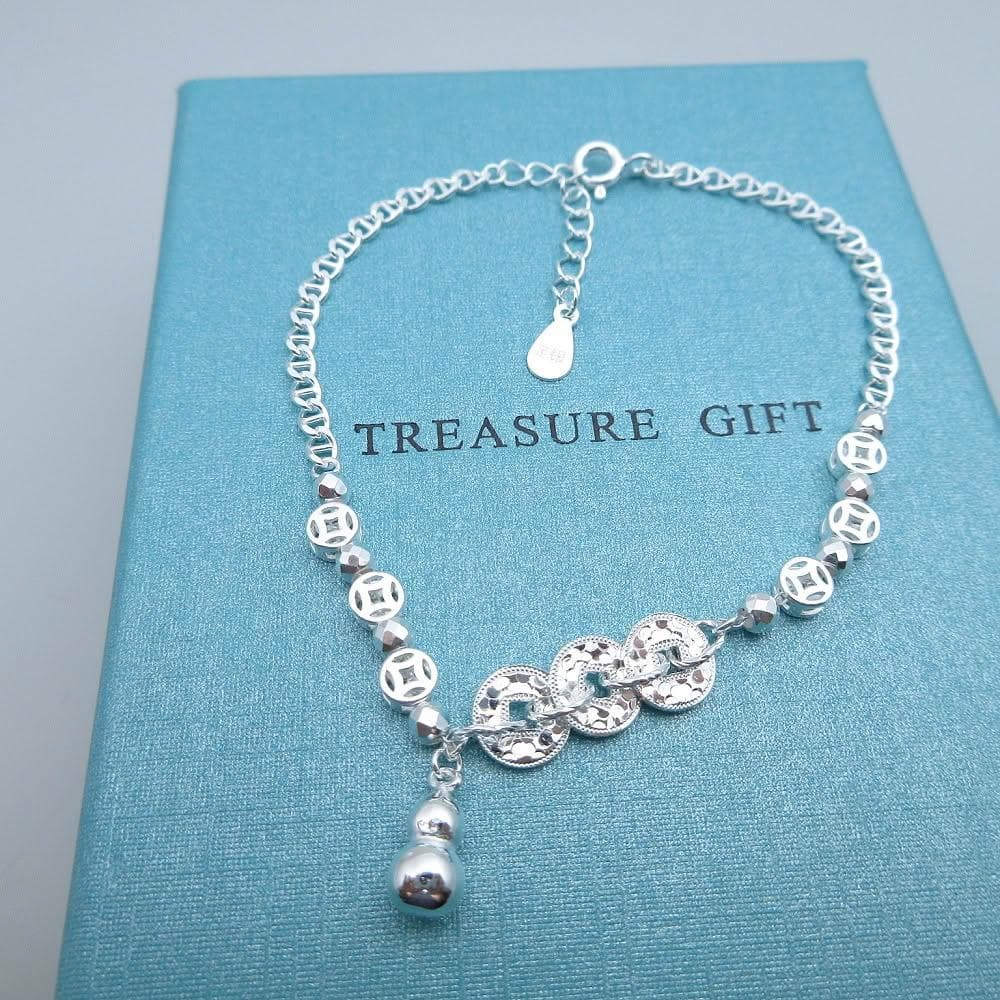 【海洋盒子】閃亮碎冰葫蘆銅錢設計S999足銀手鍊(附贈禮盒.拭銀布)