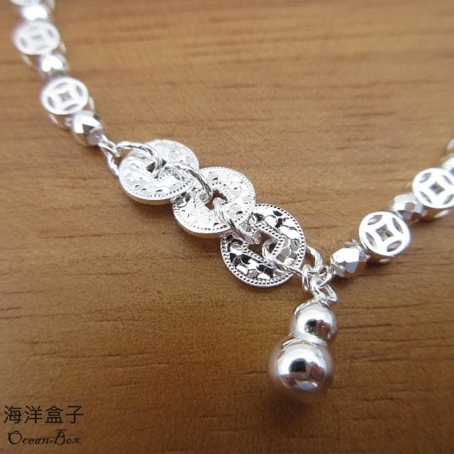【海洋盒子】閃亮碎冰葫蘆銅錢設計S999足銀手鍊(附贈禮盒.拭銀布)