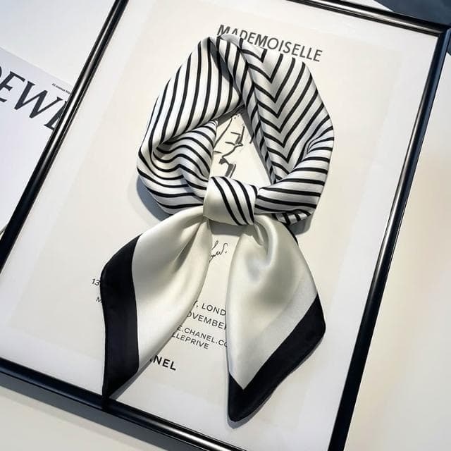 🎗飾間首飾鋪 黑白條紋小方巾絲巾女頭巾髮帶髮飾飾品春秋搭配襯衫職業裝飾護頸圍脖子薄圍巾配飾