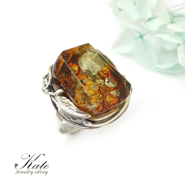 【KATE】銀飾 🎁古典歐風波蘭天然琥珀純銀戒指 天然琥珀 手工琥珀戒指 大顆琥珀原礦 珀花超美 生日禮物 情人禮物
