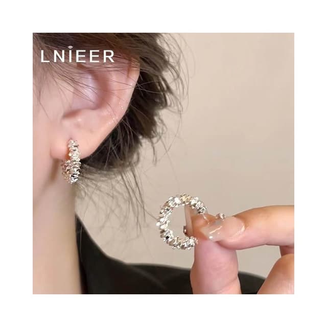 S925銀針碎銀子耳環女法式小眾耳釘半圓圈耳飾	 	