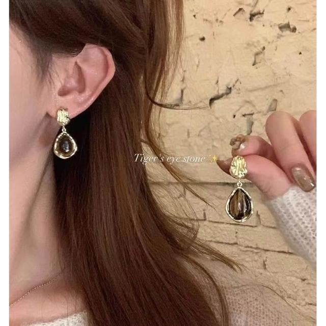 復古美拉德焦糖虎眼石耳環女輕奢小眾氣質耳釘獨特漂亮耳飾