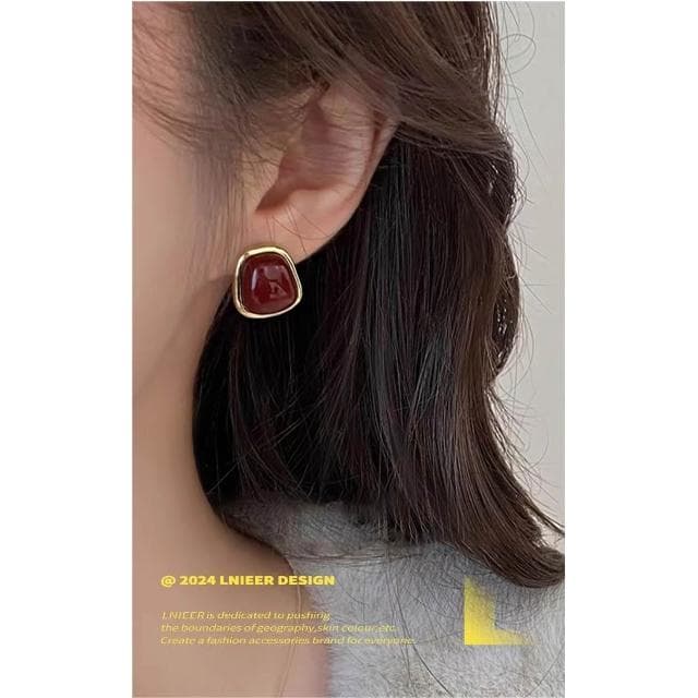 復古港風紅色滴釉幾何耳釘女秋冬氣質耳飾情人節禮物送女友