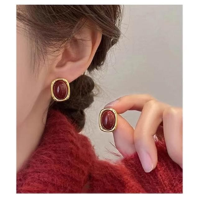 復古港風紅色滴釉幾何耳釘女秋冬氣質耳飾情人節禮物送女友