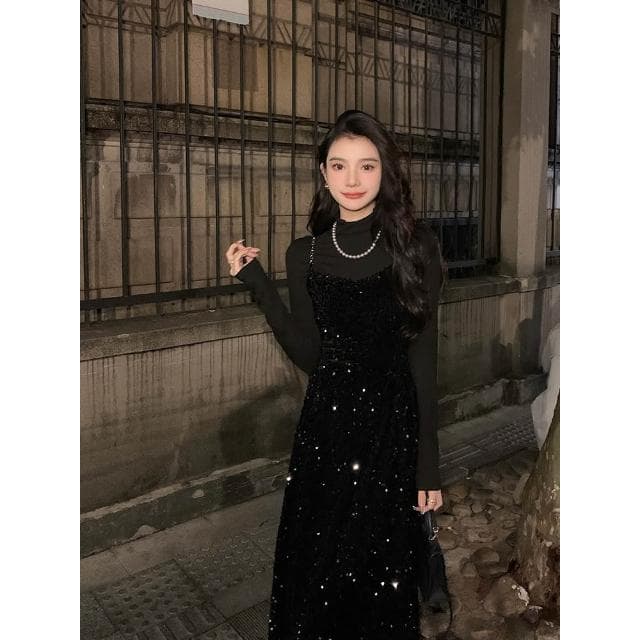 名媛宴會星空裙生日禮服裙法式復古亮片黑色吊帶裙女秋