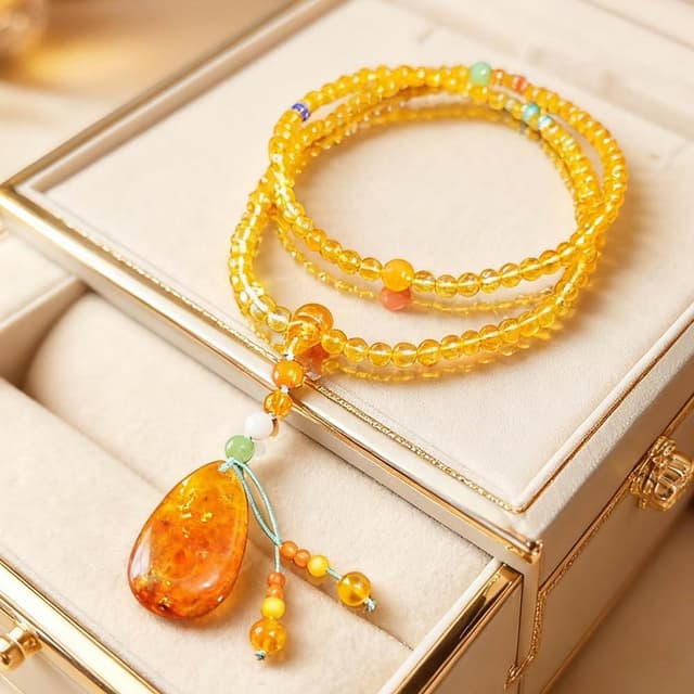 【Paiya 派亞】天然6MM琥珀花珀多圈項鍊精美23X39MM大吊飾做手鏈可以四圈