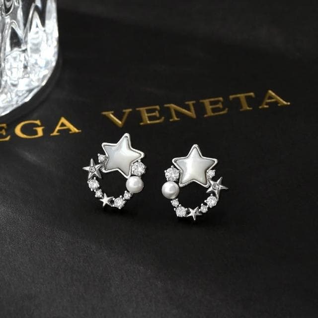 SMiss Si【現貨速發】925銀針韓國設計感星星耳釘 花環鑲鑽鋯石精緻天然貝母珍珠環形耳環 女 輕奢華麗 耳針 耳飾