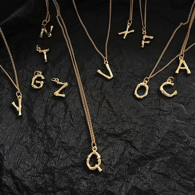 14K鍍金 26個字母名字縮寫竹節項鏈 情人節禮物情侶項鏈