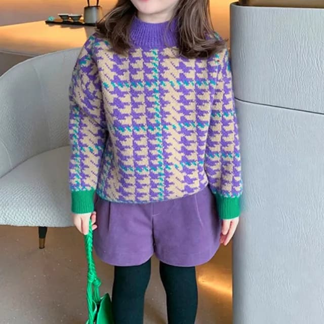 【橘魔法】紫繽紛千鳥紋中高領針織毛衣(大童 針織 長袖 毛衣 線衫 女童 童裝 兒童 上衣 保暖 厚)