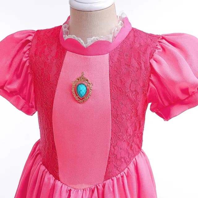 【橘魔法】桃紅蕾絲碧姬公主短袖洋裝(馬力歐 卡通 大童 女童 萬聖節服裝 角色扮演 兒童 童裝 現貨)