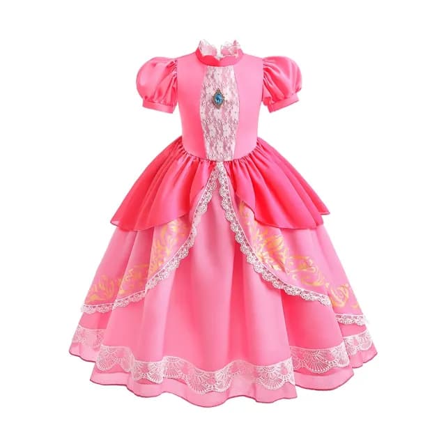 【橘魔法】粉嫩燙金蕾絲碧姬公主短袖禮服洋裝(馬力歐 大童 女童 萬聖節 角色扮演 兒童 童裝)